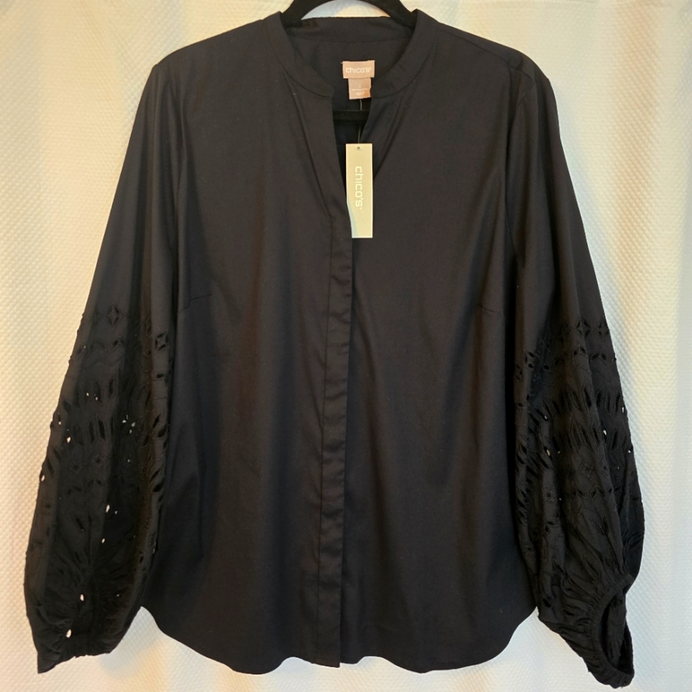 NEW Chico's Eyelet-Sleeve Blouse, Black, Size 2